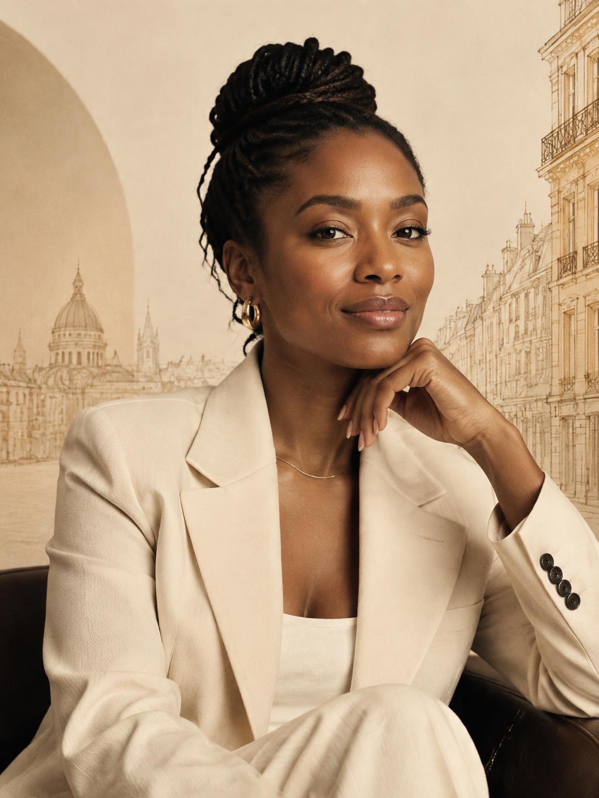 A Black woman founder, poised and confident, against a warm cream backdrop with European city architecture
